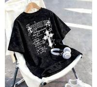 Shein Esta camiseta de manga corta de corte holgado y casual presenta estampados gráficos de texto y cruz en el frente y la espalda, con un diseño de elemen