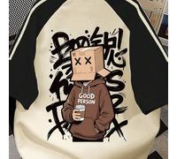 Shein Esta camiseta de manga corta en negro y beige presenta un dibujo animado de "Cardboard Head XX Eyes" con un grafiti de fondo. Tiene mangas raglán y es