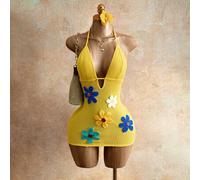 Shein Esta es la última colección de primavera y verano de vestido halter sin mangas sexy para mujer. Presenta un escote en V profundo con bordado floral co