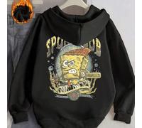 Shein Esta sudadera con capucha de felpa negra presenta una impresión retro de Bob Esponja, emanando un fuerte encanto vintage que fácilmente te convertirá