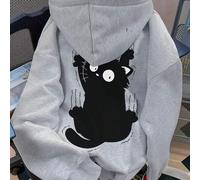 Shein Esta sudadera de estilo callejero de moda, adecuada para que las niñas jóvenes la usen, decorada con un lindo patrón de gato negro y equipada con bols
