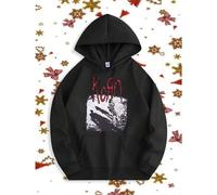 Shein Esta sudadera informal con capucha y cordón, con un estampado artístico de la banda de rock "Korn", presenta un corte holgado y bolsillos tipo canguro