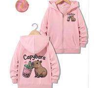 Shein Estampada con un carpincho de dibujos animados bebiendo té con leche de perlas rosas, esta sudadera con capucha, creativa, informal y minimalista, par