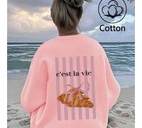 Shein Estampado 'C'est La Vie', patrón de croissant, ropa abrigada con forro polar, sudadera holgada de cuello redondo para mujer, top de algodón otoño/invi