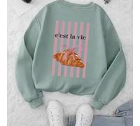 Shein Estampado 'C'est La Vie', patrón de croissant, ropa abrigada con forro polar, sudadera holgada de cuello redondo para mujer, top de algodón otoño/invi