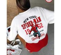 Shein Estampado de patrón de lucha contra el crimen de Spider-Man de Nueva York 1962, sudadera de cuello redondo de color sólido de gran tamaño con curvas,