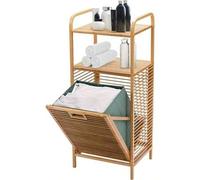 Shein Estantería de baño con cesto para ropa, estantería de baño de bambú, mueble de baño con 2 estantes para accesorios de baño, cesto para ropa extraíble