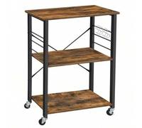 Shein Estantería de Cocina con Ruedas, Carrito de Servicio de 3 Niveles, Estantería para Microondas, Horno, Tostadora, Marco de Metal con 6 Ganchos, Marrón
