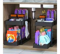 Shein Estantería deslizante de doble capa para almacenamiento bajo el fregadero, con cajones y ganchos, organización eficiente para baños y gabinetes de coc