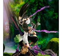Shein Estatua de Roronoa Zoro de ONE PIECE con tres espadas ensangrentadas, figura de anime de PVC en pose dinámica con espada de cinta morada y traje verde