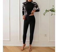 Shein Este bañador de mujer casual y sexy con cuello redondo, estampado, de manga larga, con tirantes de espagueti y pantalón de cintura media con cremaller
