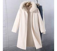 Shein Este es un abrigo de lana con capucha, manga larga y cuello de piel, adecuado para niñas y niños mayores. Presenta una abertura frontal, está diseñado