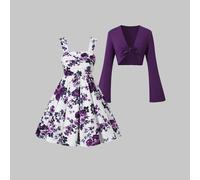 Shein Este es un vestido que favorece la figura para chicas adolescentes, combinado con un cárdigan de punto morado. Es perfecto para ir de compras y vacaci