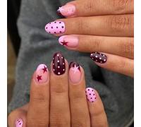 Shein Este set de pegatinas para uñas incluye 24 piezas de pegatinas ovaladas de prensa de color borgoña medio, decoradas con lindos y dulces patrones de es