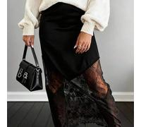 Shein Este vestido maxi negro de moda para mujeres está hecho de tela tejida con un diseño sofisticado de encaje con bloques de color y semi-transparente, q