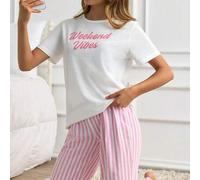 Shein Estética "soft girl": Camiseta con gráfico de texto "Weekend Vibes" y conjunto de pijama de pierna ancha a cuadros rosas