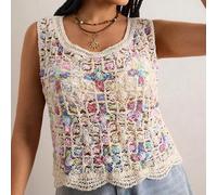 Shein Estilo bohemio de vacaciones para mujer | Top de punto calado con flores de colores en estilo crochet - Blusa holgada sin mangas de cuello redondo con