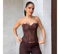 Shein Estilo europeo y americano, joven, vacaciones, sexy, vanguardista, corsé con encaje de doble capa, espiga, sin tirantes, marrón café, calado, bordado,