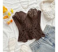 Shein Estilo europeo y americano, joven, vacaciones, sexy, vanguardista, corsé con encaje de doble capa, espiga, sin tirantes, marrón café, calado, bordado,