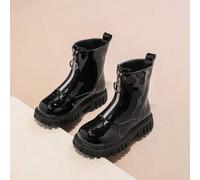 Shein Estos elegantes botines de piel de patente en blanco y negro cuentan con una cremallera frontal y son adecuados para el uso diario, fiestas, salidas d