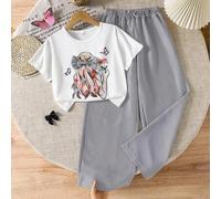 Shein Estos son dos conjuntos para niñas: una camiseta blanca de punto, ajustada y casual de manga corta con decoración de lazo; combinada con pantalones de