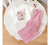 Shein Estos son dos conjuntos para niñas: Una camiseta de punto blanca, ajustada y casual de manga corta con decoración de lazo; combinada con pantalones de