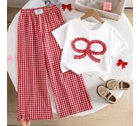 Shein Estos son dos conjuntos para niñas: una camiseta de punto blanca, ajustada y casual de manga corta con decoración de lazo; combinada con pantalones de