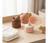 Shein Estuche de borla de polvo para bebé con borla aterciopelada incorporada, polvo de talco vacío con forma de oso de café, caja de almacenamiento portáti