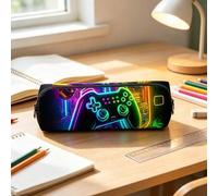 Shein Estuche de lápices con diseño de controlador de juego de arcade retro neón, bolsa con cremallera de ciudad cibernética para gamers, útiles escolares c
