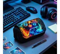 Shein Estuche de lápices con estampado de controlador de juego de neón de gran capacidad, bolsa de papelería con doble cremallera, bolsa de almacenamiento d