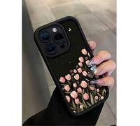 Shein Estuche de teléfono de moda con patrón floral rosa y negro, 1 pieza Nuevo estuche de teléfono premium con patrón creativo de luna y tulipán compatible