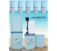 Shein Estuche para cepillo de dientes con letra del alfabeto de concha, caja de almacenamiento de pasta de dientes de plástico azul claro portátil, bolsa or
