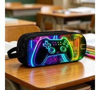 Shein Estuche para lápices con estampado de controlador de juego de neón, bolsa de papelería con cremallera de gran capacidad, bolsa para lápices con tema d