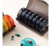 Shein Estuche portátil redondo para pastillas de 7 días (7 cajas de pastillas independientes + 1 caja de almacenamiento), caja de pastillas de viaje multico