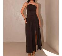 Shein Ethereal Noir: Vestido Maxi Romántico Retro Marrón Asimétrico de un Hombro con Volantes y Abertura Alta - Elegante para Fiesta de Verano