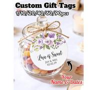 Shein Etiquetas de regalo personalizadas con cuerda de yute, etiquetas redondas impresas con nombres de pareja y fechas, tarjetas de agradecimiento con patr