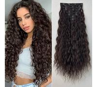 Shein Extensiones de cabello con clips, 7 piezas, color negro y marrón, 22 pulgadas de largo, ondas naturales resistentes al calor, fibra sintética, para mu