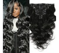 Shein Extensiones de cabello humano brasileño virgen en onda corporal, 8 piezas/set, doble trama, para colocar con clips, extensiones de cabello natural par