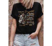 Shein Faith-Inspired "I Am the Daughter of a King" Graphic Tee - Short Sleeve, Casual Crew Neck, Light Blue Denim Shorts, Spring/Summer Women'S Top, Casual