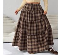 Shein Falda acampanada con pliegues en color a cuadros vintage Maillard, nueva para otoño/invierno 2025, versátil para salidas casuales, fiestas, citas, tal