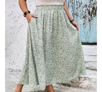 Shein Falda acampanada de cintura alta con estampado floral verde para tallas grandes, Curve Plus, Hoho Vacaciones