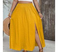 Shein Falda casual boho de línea A para mujer de talla grande, unicolor, cintura elástica, abertura lateral en el bajo, para otoño, playa y vacaciones, amar
