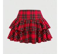 Shein Falda con volantes y shorts incorporados a capas de cuadros rojos para niñas preadolescentes, informal, deportiva, colegial, vuelta al colegio, primav