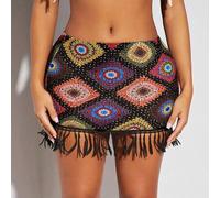 Shein Falda corta ajustada de punto elástico con estampado de crochet de imitación, cintura alta y flecos, elegante para invitada a boda, vacaciones o estil