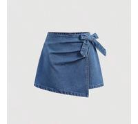 Shein Falda corta de mezclilla en estilo boho ligero lavado Y2K para niña preadolescente, Falda pantalón de mezclilla lavada clara con lazo lindo estilo Y2K