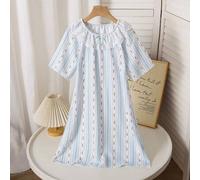 Shein Falda de dormir de manga corta para niña de verano, a rayas azul/blanco con decoraciones florales/lazos naranja + encaje de hoja de loto, tela suave p