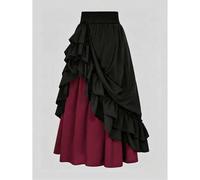 Shein Falda de mujer de unicolor con ribete de volantes, bloques de color, asimétrica, con cordón, plisada, de cintura alta, casual y elegante, en color neg