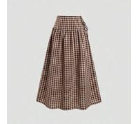 Shein Falda de mujer estilo universitario americano vintage casual alternativa a cuadros con diseño de cordones laterales cintura media-baja falda completa