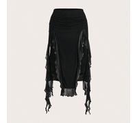 Shein Falda de mujer plisada con parches y asimétrica con doble capa y bajo de longitud media y cintura baja.