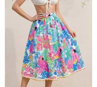 Shein Falda de verano/primavera para mujer con estampado de loro y peonía pintado a mano, en colores fucsia, azul y verde, con cintura ceñida, volantes y do